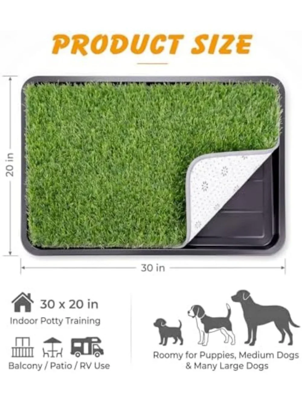 Pet Grass Pad with Tray, 30x20 in, 3-Layer Indoor Potty System, 2 Grass Pads